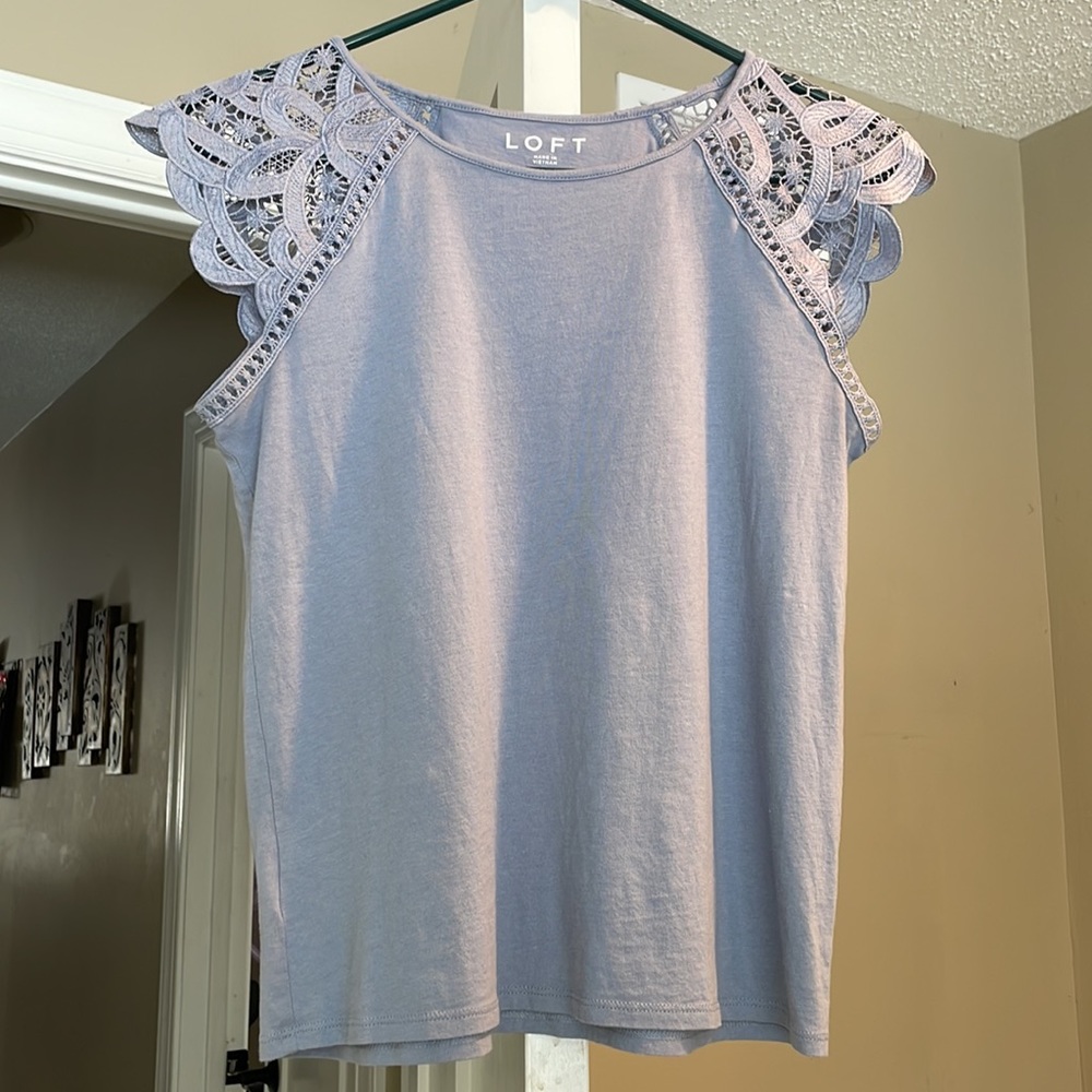 Loft baby blue blouse, lace short sleeves